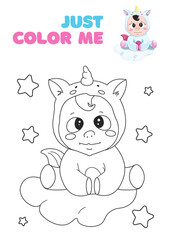 Obraz na płótnie Canvas Cute fantasy coloring page with dreaming baby unicorn. Black and white cartoon vector illustration for coloring book, print or t-shirt design. Children, kids drawing template on white background