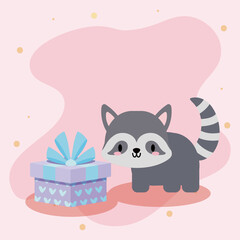 cute birthday card with raccoon kawaii