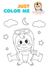 Cute fantasy coloring page with dreaming baby pilot. Black and white cartoon vector illustration for coloring book, print or t-shirt design. Children, kids drawing template on white background