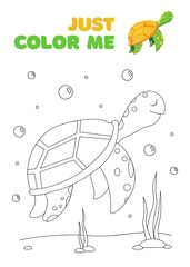 Cute fantasy coloring page with turtle in the sea. Black and white cartoon vector illustration for coloring book, print or t-shirt design. Children, kids drawing template on white background