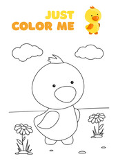 Cute fantasy coloring page with little chicken on the grass. Black and white cartoon vector illustration for coloring book, print or t-shirt design. Children, kids drawing template on white background