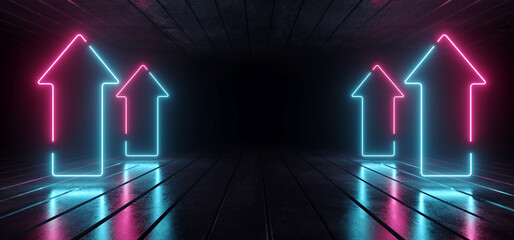 Retro Synth Laser Neon Tunnel Modern Sci Fi Futuristic Pointing Arrow  Rectangle Purple  Blue Glowing Lights Texture Concrete Floor Dark Warehouse Garage Underground Cyber Background 3D Rendering