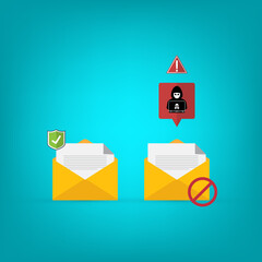 Email / envelope with black document and skull icon. Virus, malware, email fraud, e-mail spam, phishing scam, hacker attack concept.