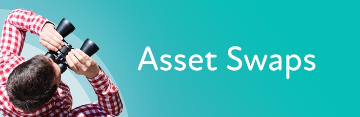 Fototapeta premium Asset Swaps. Mann mit Fernglas aus Vogelperspektive. Beobachtung, Draufsicht, Panorama. Business Text auf blau. Statistik, Wirtschaft