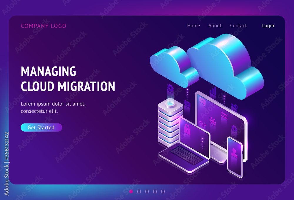 Poster digital data migration isometric landing page, cloud computing, media server, saas service for priva