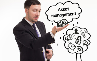 Business, technology, internet and network concept. Young businessman thinks over the steps for successful growth: Asset management