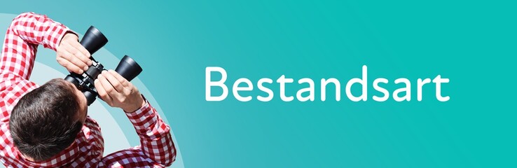 Naklejka premium Bestandsart. Mann mit Fernglas aus Vogelperspektive. Beobachtung, Draufsicht, Panorama. Business Text auf blau. Statistik, Wirtschaft