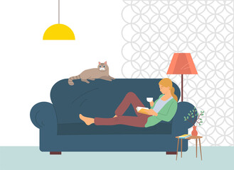 Hobby of woman, reading book, portrait view of female lying on sofa with literature and cup, domestic cat, house-plant on bedside table, living room vector