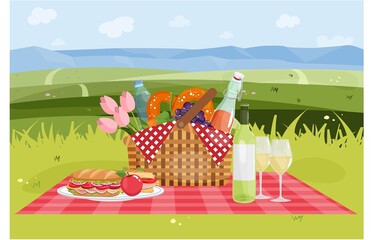 Picnic basket with food and drinks on landscape background. Summer vector illustration