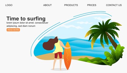  surfing girl on a beach. Palm, sand, ocean on background. Banner, site, poster template.vector illustration