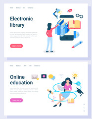Electronic library, online education, woman character communication with computer and books. E-learning and e-reading, knowledge online, pc vector. Landing page template, website or webpage flat style