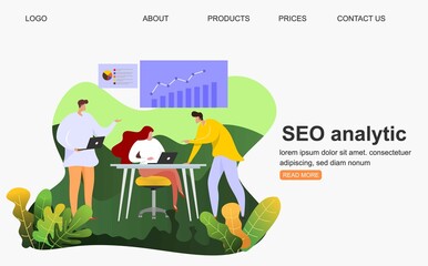 Landing page template of Seo Analytics team. Modern flat design concept of web page design for website and mobile website.Vector illustration