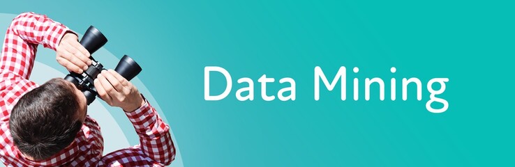 Naklejka premium Data Mining. Mann mit Fernglas aus Vogelperspektive. Beobachtung, Draufsicht, Panorama. Business Text auf blau. Statistik, Wirtschaft