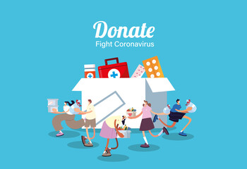 Naklejka premium people with medical masks donating medicines, covid 19