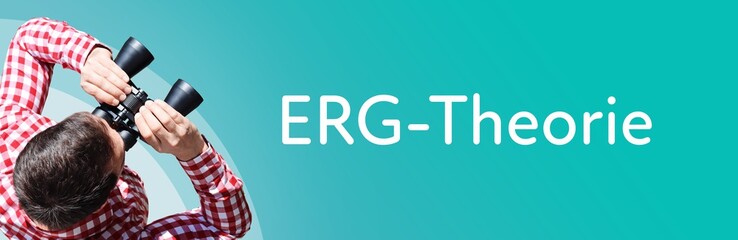 Fototapeta premium ERG-Theorie. Mann mit Fernglas aus Vogelperspektive. Beobachtung, Draufsicht, Panorama. Business Text auf blau. Statistik, Wirtschaft