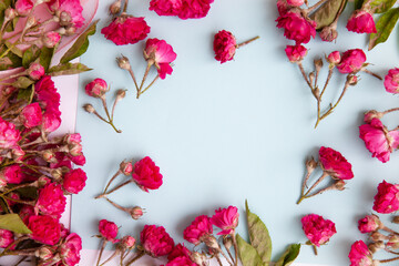 color composition of small spray roses. view from above. Empty space place for text.