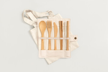 Eco friendly bamboo cutlery set. Zero waste, recycling and plastic free concept. 