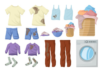 Laundry big set. Socks, linen, t shirt, sweatshirt, jacket, shorts, jeans in a wicker basket. Clothes collection illustrations.
