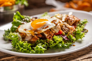 Detail of a chicken salad with a sunny side up egg on a plate