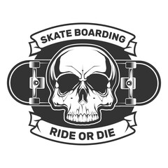 Skateboard skull. Ride or die. iIllustration for t-shirt print. Vector fashion illustration 