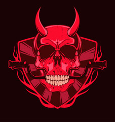 Devil skull with Moto rudder in teeth. Red illustration for t-shirt print. Vector fashion illustration 