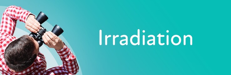 Fototapeta premium Irradiation. Mann mit Fernglas aus Vogelperspektive. Beobachtung, Draufsicht, Panorama. Business Text auf blau. Statistik, Wirtschaft