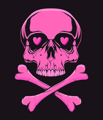 Pink skull with bones. Illustration for t-shirt print. Vector fashion illustration 