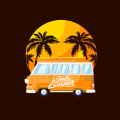 Summer retro van with palm tree and surf. Illustration for t-shirt print. Vector fashion illustration 