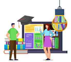 Man and woman stand near laptop and stack of books. Opened computer with educational materials and graduate cap. Bookshelf in light bulb, electronic library. Vector illustration in flat style