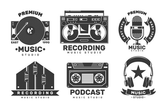 Music studio labels. Invitation retro logos. Disk, microphone, headphone, player. 