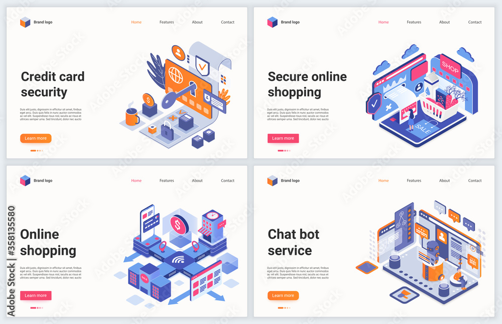 Poster isometric online shopping technology vector illustration. creative concept banner set, interface web