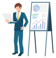 Data on whiteboard vector, representation of man holding laptop device with information. Speaker with analysis and statistics on business development