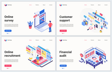 Isometric business recruiting technology vector illustration. Creative concept banner set, website design with cartoon 3d online hr recruitment service, financial account audit and customer support