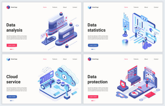 Isometric cloud data center vector illustration. Creative concept banner set, interface website design with cartoon 3d internet database service for analysis, protection or business statistics storage
