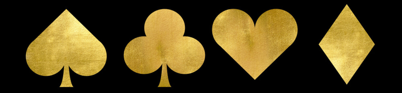 Set playing card symbols. Gold elements on a black background. 