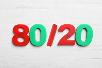 Colorful numbers 80 and 20 on white wooden background, flat lay. Pareto principle concept