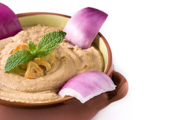 Gofio escaldado in bowl isolated on white background. Canarian food. copy space