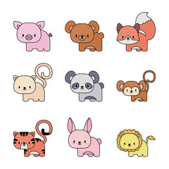 set of icons animals baby kawaii, line and fill style icon