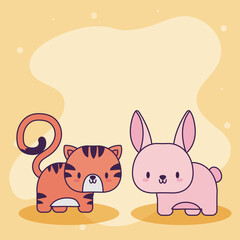 Obraz na płótnie Canvas cute card with tiger and rabbit, kawaii
