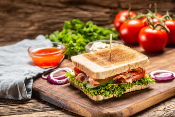 Fototapeta na wymiar BLT sandwich on a cutting board next to sweet chilli sauce and fresh vegetables