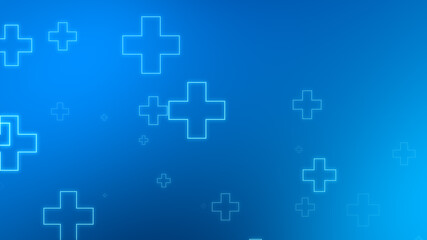 Medical health blue cross neon light shapes pattern background. Abstract healthcare technology and science concept.