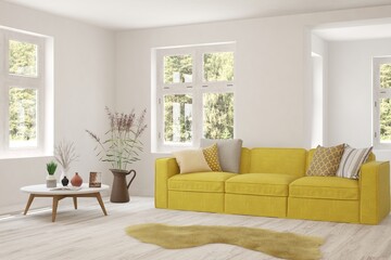 White living room with sofa and summer landscape in window. Scandinavian interior design. 3D illustration