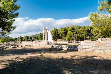 Ruins of the sanctuary of Asclepius at the ancient Epidaurys archeological site, Argolis, Greece