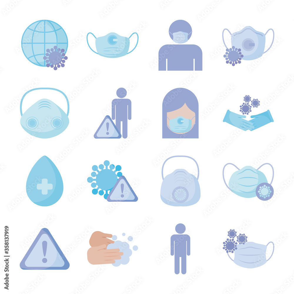 Sticker set of icons prevention, protection of coronavirus , flat style icon