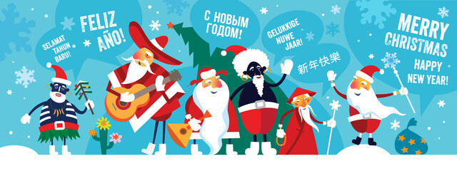 Fototapeta premium Various international Santa Сlauses. Merry Christmas. Vector illustration