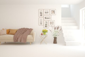 Obraz premium White living room with sofa. Scandinavian interior design. 3D illustration