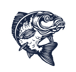 Vintage Carp Fishing Logo. Black and white. Vector Illustration.