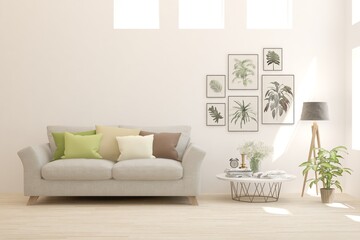 White living room with sofa. Scandinavian interior design. 3D illustration