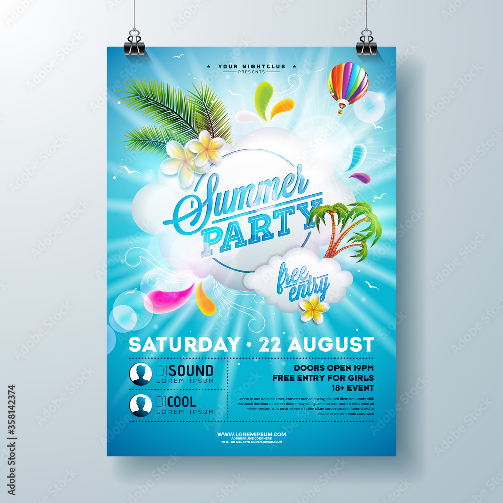 Wall mural summer pool party poster design template with palm leaves, water and beach ball on blue underwater o