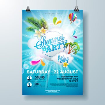 Summer Pool Party Poster Design Template with Palm Leaves, Water and Beach Ball on Blue Underwater Ocean Background. Vector Holiday Illustration for Banner, Flyer, Invitation, Poster.